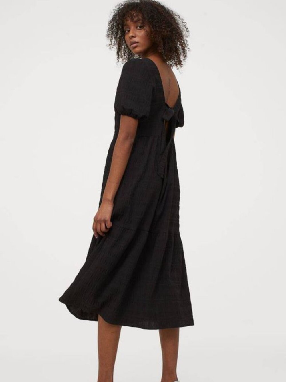 H&M Divided Black Tiered Tie Back Cottagecore Textured Dress